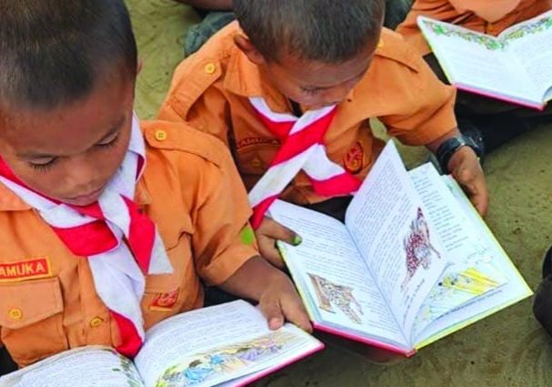 two boys read illustrated Bible storybooks